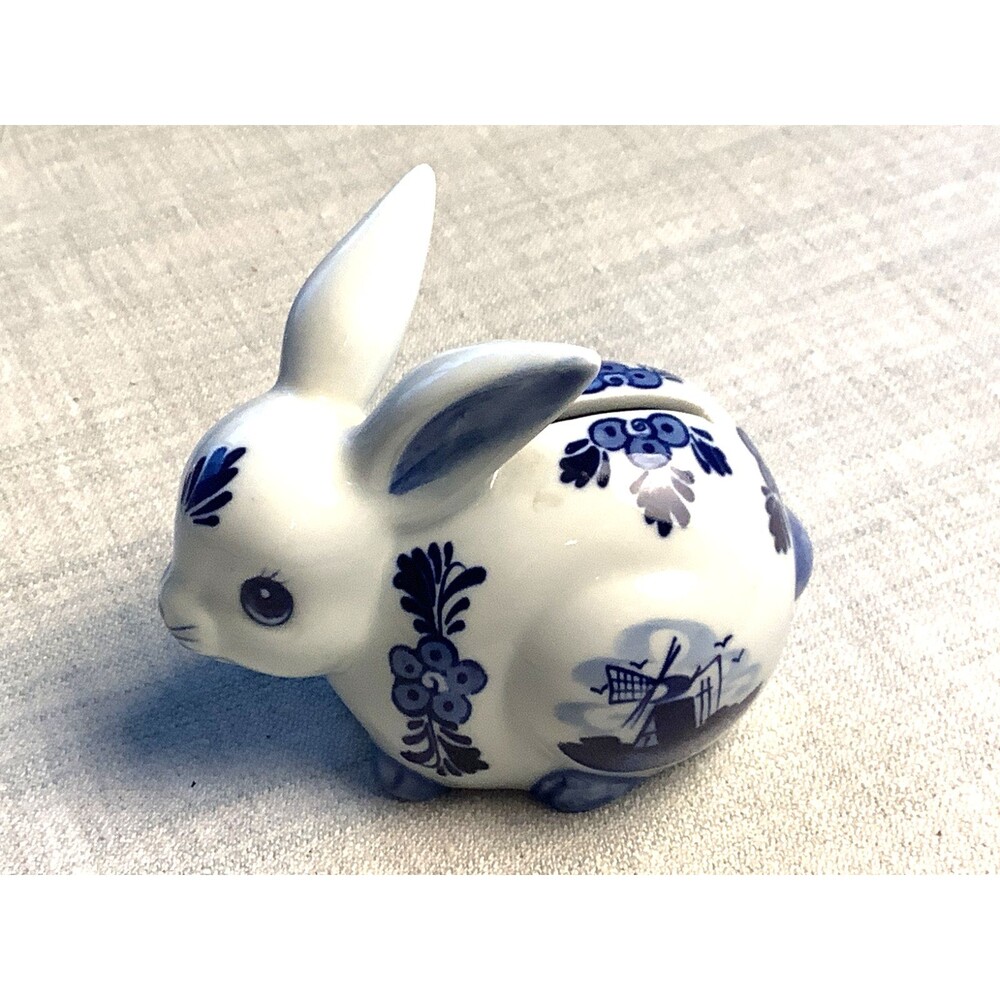 Delft Porcelain Bunny Rabbit Hand Painted Coin Piggy Bank Holland Blue Delftware